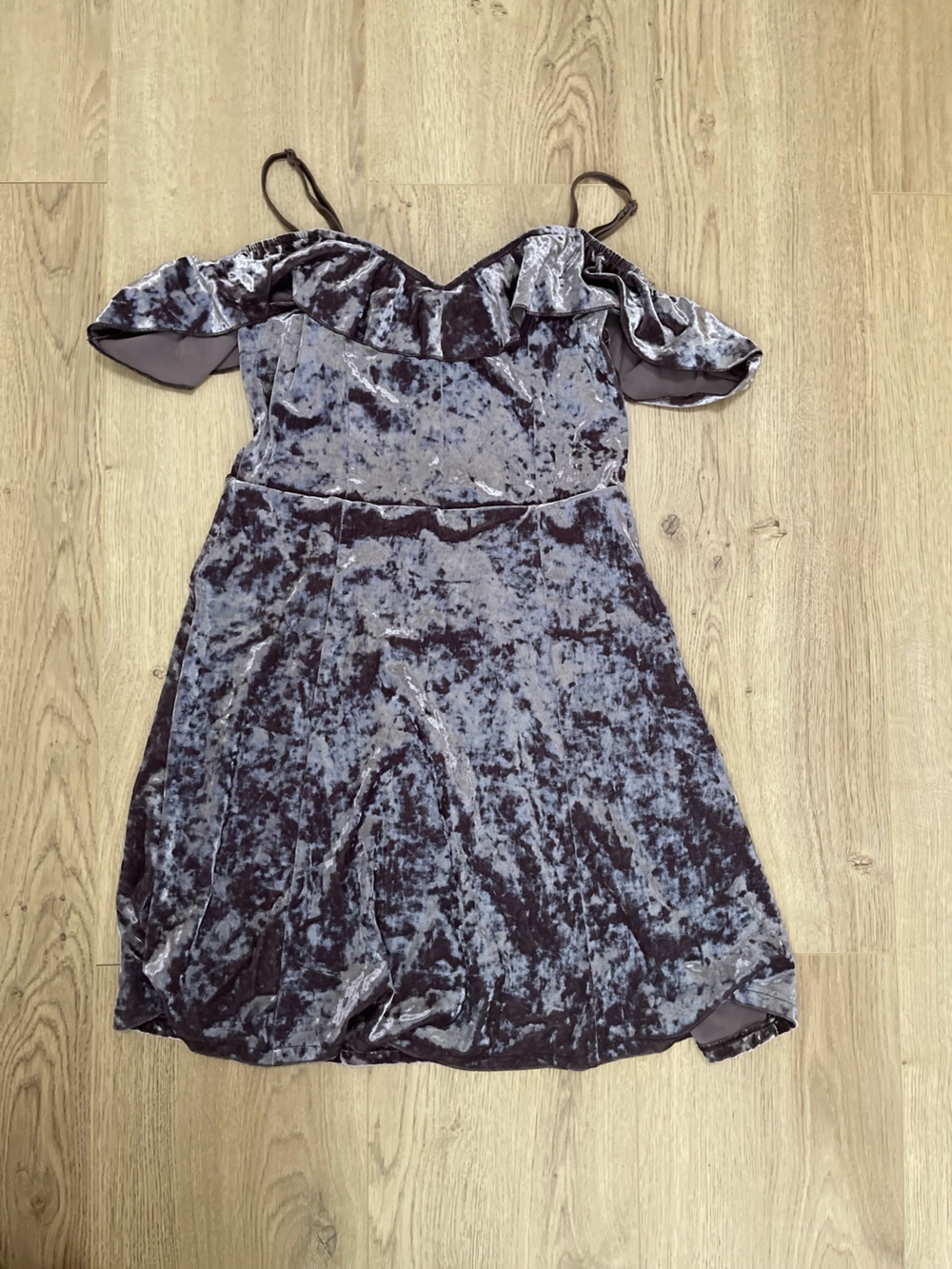 American Eagle Velvet Off-Shoulder Dress in Charcoal Gray (S)